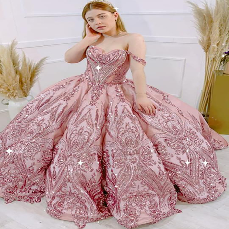 Luxury Pink Quinceanera Dresses 2022 Off The Shoulder Lace Up Prom Dress Ball Gown Sequined Birthday Party Vestidos De 15 Anos Sparkly Bling Formal We