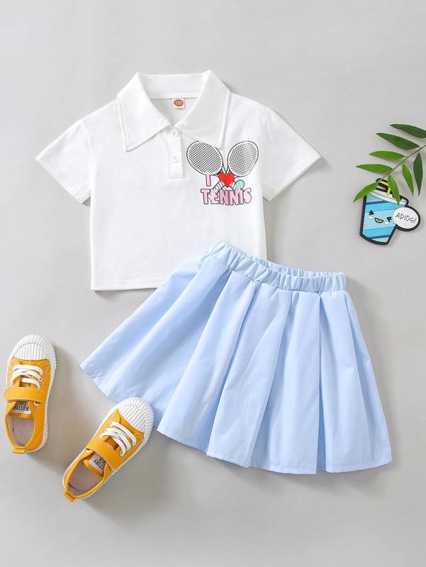 Toddler Girls Tennis Racket And Letter Graphic Polo Neck Tee & Pleated Skirt SHE