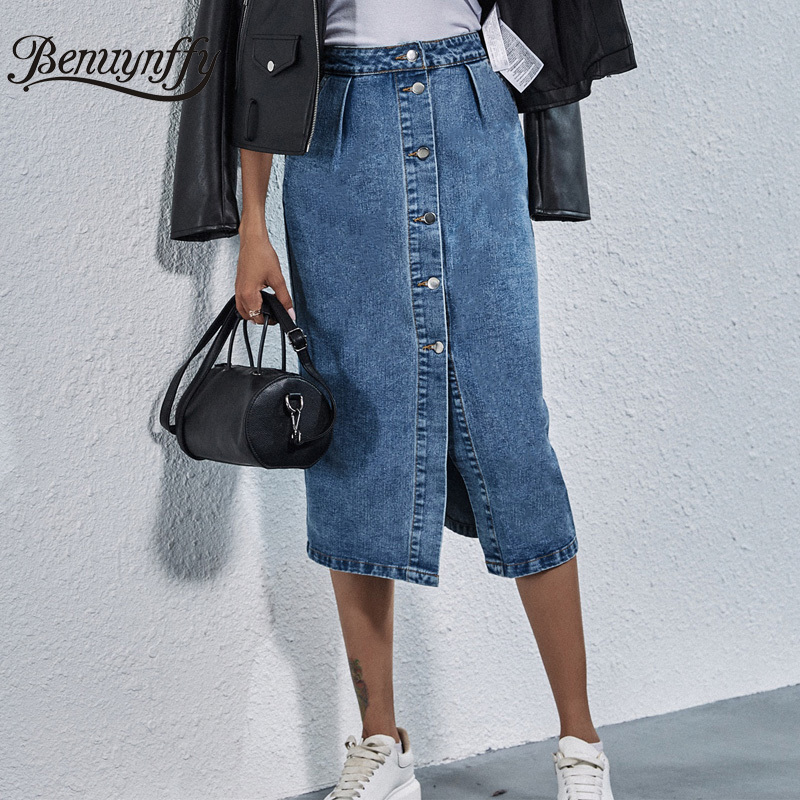 Benuynffy Single Breasted Knee Length Denim Skirt Women Streetwear Casual Pocket High Waist Straight Jeans Skirt 220701