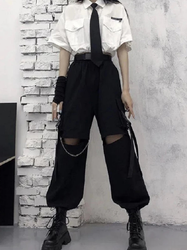 HOUZHOU Gothic Streetwear Women's Cargo Pants with Chain Punk Techwear Black Oversize Korean Fashion Wide Leg Trousers Alt 220325