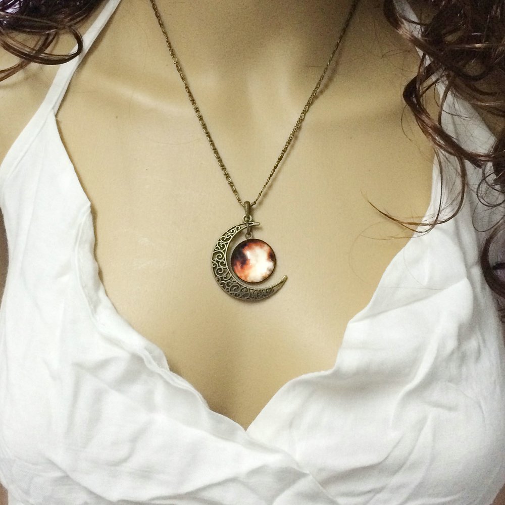 Moon Pendant Necklace Brand Fashion Jewelry Galaxy Glass cabochon vintage bronze Chain statement necklace women accessories