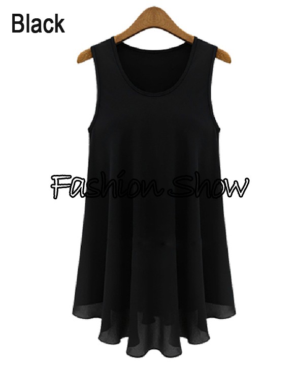 Women Blouses 2014 Chiffon Plus Size Sleeveless O-Neck Tank Top Blouse M L XL Black, Apricot b7 SV001217