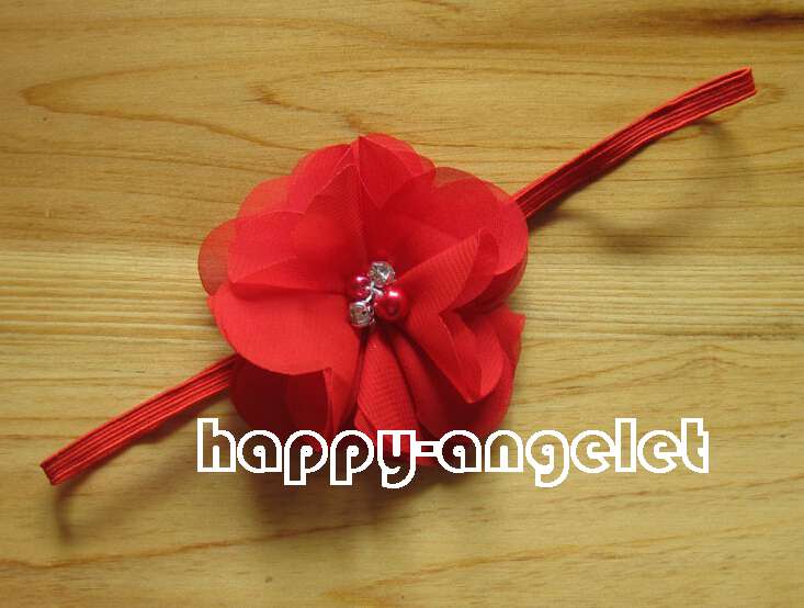 40pcs 3" Chiffon hair bow flower hair accessories kids baby pearl lace applique stretchy Ropes Elastic Headband skinny hair band PJ5212