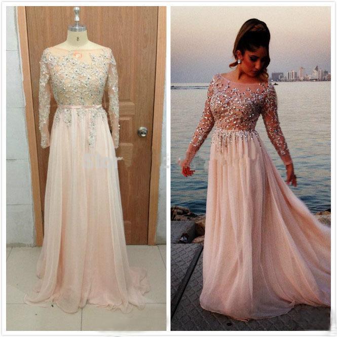 Trend Long Sleeve Evening Gowns Sequined Beads Chiffon Prom Dresses Vestidos De Festa Formal Party Gown For Graduation Scoop Vestidos 0510