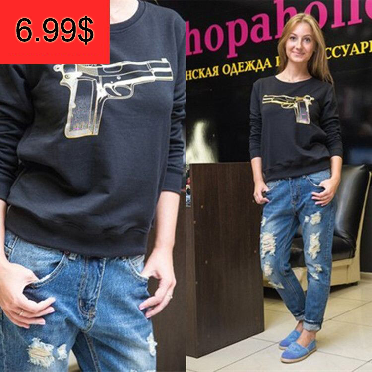 2015 New Hot Fashion Nice Style 3D Gun Print Women Hoodies Long Sleeve Loose Sweatshirts Tops Blouse DF-253