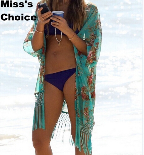 2018 Summer Women Fashion Beach Ladies Sexy Swimsuit Bathing Suit Cover Ups Kaftan Kimono Beach Wear Green Floral Print Cover Up Bikini