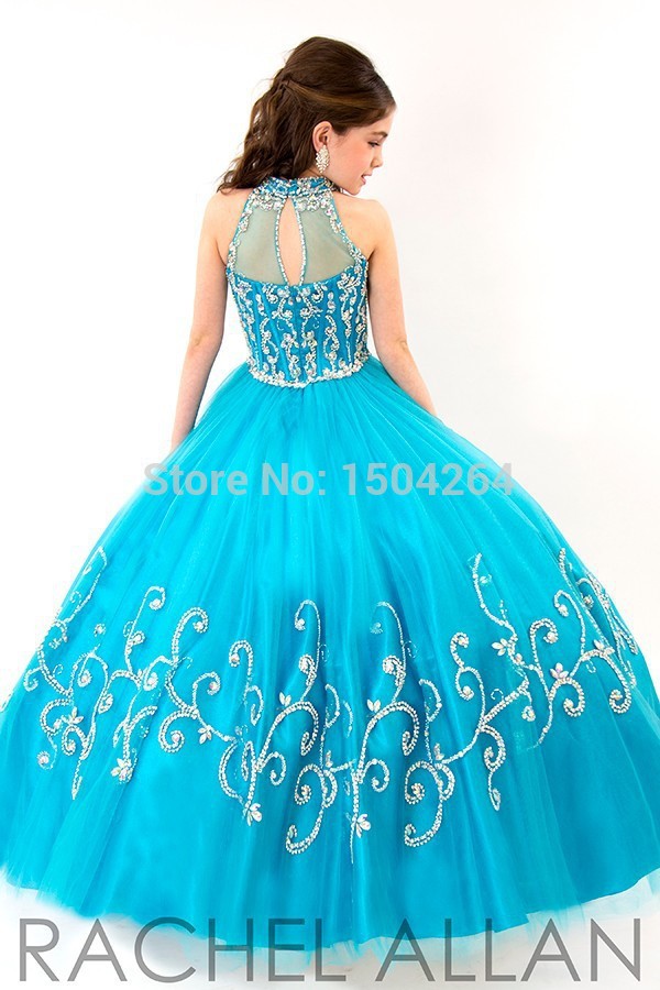 2020 Ball Gown Child Party Dresses Long Appliques Sky Blue Children Flower Girl Dress For Weddings High Neck Vestido De Daminha