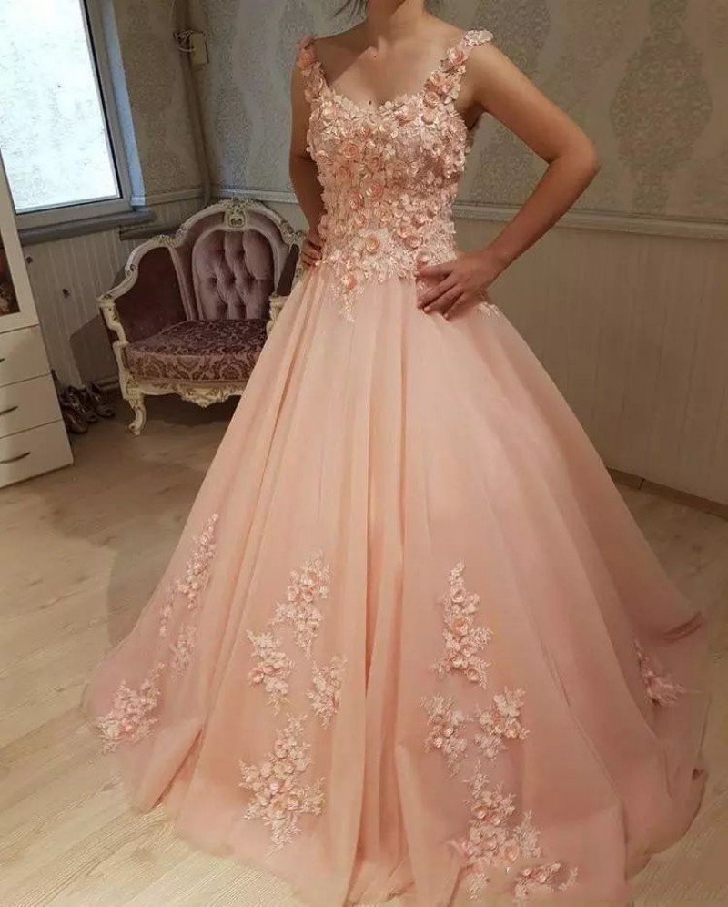 Fashion Prom Dresses Lace Appliques Sleeveless Evening Gowns With D Flowers Lace Up Back A Line Formal Party Dress Up