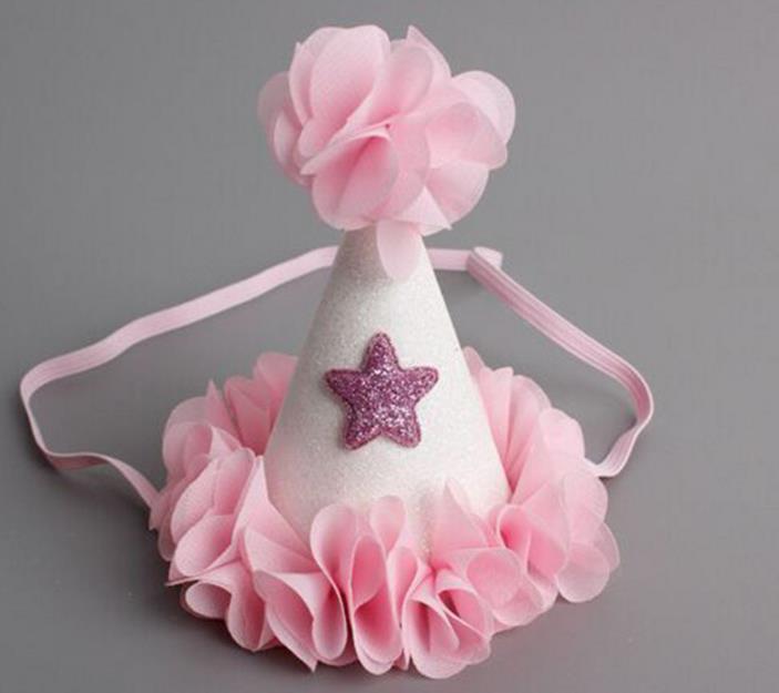 Baby Shower Birthday Cone Hat Crown Chiffon Flower Star Tiara Headband Kids Girls Party Hair Bands Accessories