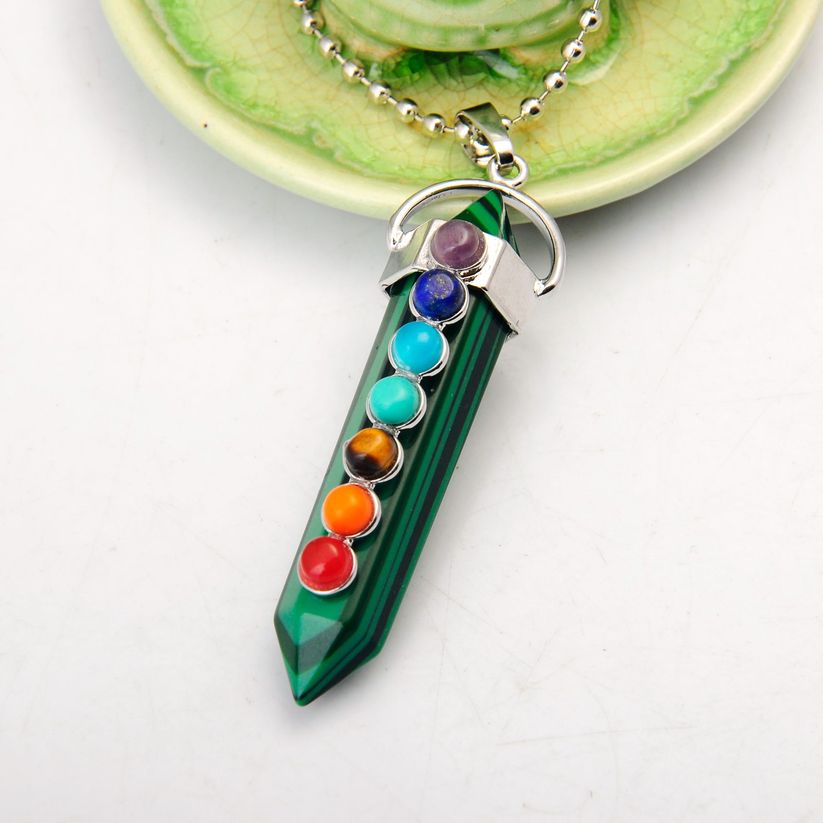 Wholesale Malachite Hexahedron Reiki Point Pendants with 7 Chakra Crystal Gemstone for Women men jewelry necklace