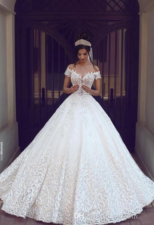 2018 Hot Arabic Wedding Dresses A E Cap Sleeves Off Shoulder Full Lace Appliques Open Back Chapel Train Plus Size Formal Bridal Gowns 0227Lz