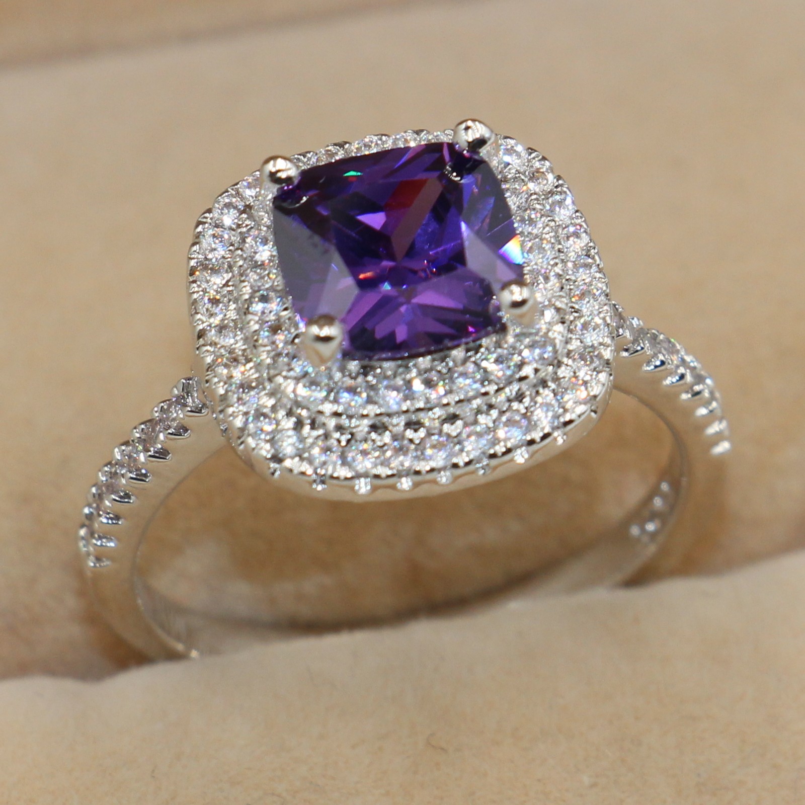 Elegant Amethyst Diamonique Ring: 8mm Emerald Cut Wedding Ring in Sterg Sier (Size 5-11)