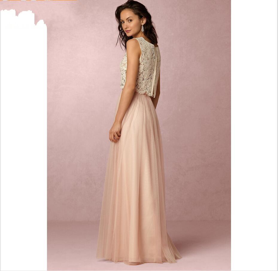 New Vintage Blush Pink Two Pieces Lace Bridesmaid Dresses Soft Tulle Floor Length Evening Gowns Formal Prom Party Dresses Cheap Custom 172
