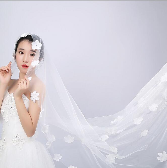 Bridal Veils Long Veils Soft Tulle Three Meters Long Veil with Lace Cathedral Veils White Ivory Veils HT73