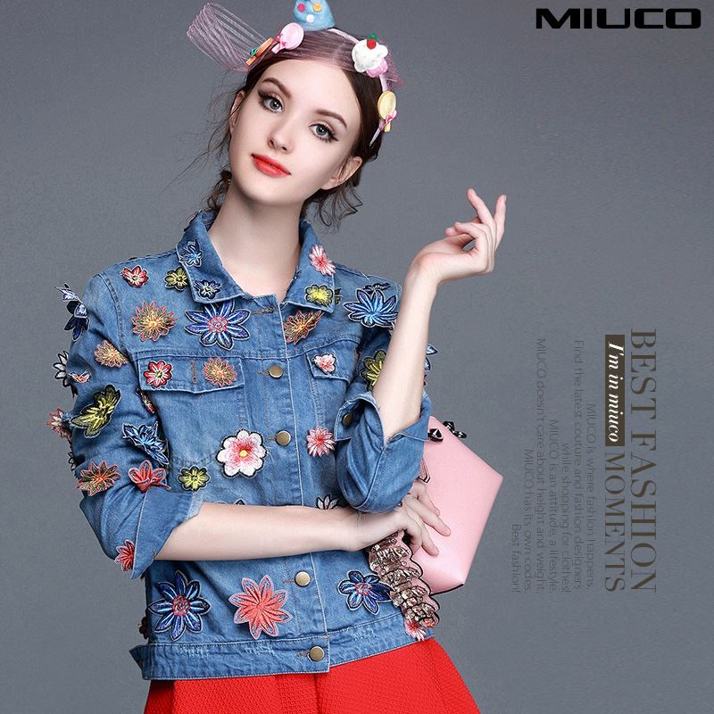 Europe station 2015 autumn new women's Heavy embroidered flowers affixed cloth blue denim jacket temperament wild
