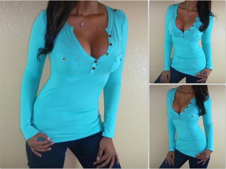 New 2016 winter autumn woman lady Multicolor button tight chest T shirt Fashion Womens long sleeve T shirt Bodysuit