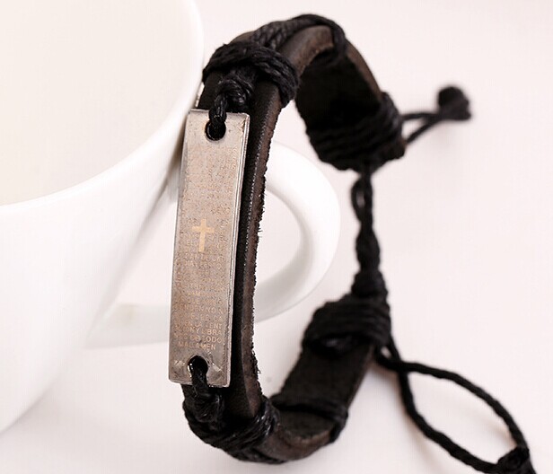 Handmade Leather Braid bracelets With Titanium Steel Bible Cross Wristband Hemp Men's Bracelets women Stylish New Arrival brown black 24pcs