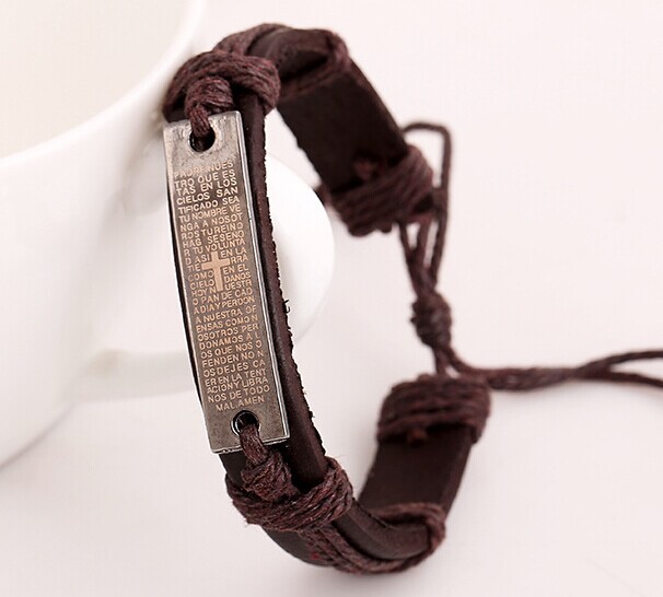Handmade Leather Braid bracelets With Titanium Steel Bible Cross Wristband Hemp Men's Bracelets women Stylish New Arrival brown black 24pcs