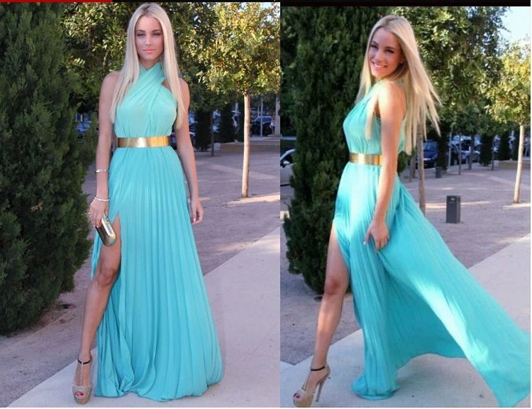 Chiffon Sexy Halter Prom Dresses Backless Evening Dresses Light Sky Blue Side Slit Pleated Long Party Evening Gowns With Gold Belt