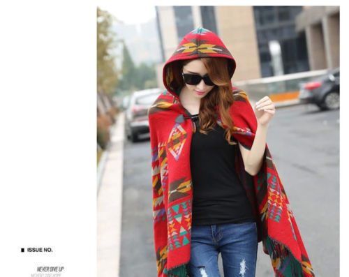 New FashionWomen Bohemian Collar Plaid Cape Cloak Poncho Jacket Coat Wool Blend Shawl Scarf