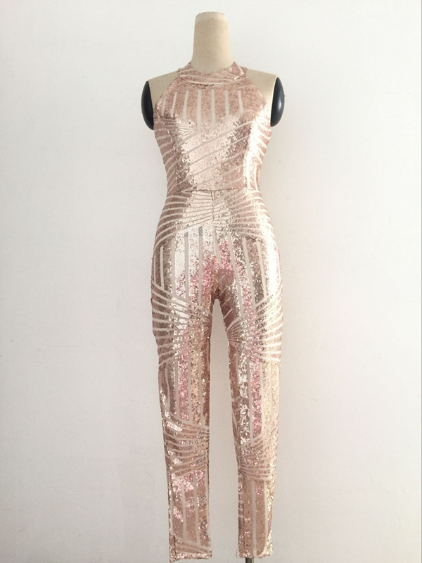 Women's Jumpsuits & Rompers Wholesale- Fashion Sheer Sexy O Neck Backless Sleevess Clubbing Gold Geometric Sequin Plus Size Ladies Playsuit