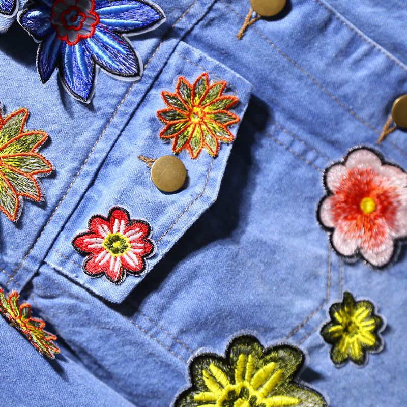 Europe station 2015 autumn new women's Heavy embroidered flowers affixed cloth blue denim jacket temperament wild