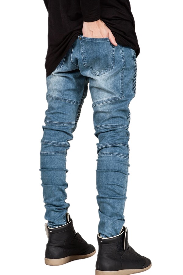 Mens Streetwear Skinny Biker Jeans Motorcycle Jogger Male Hip Hop Skateboard Trousers Slim Fit Stretch Pintunck Denim Pants Pencil Pants
