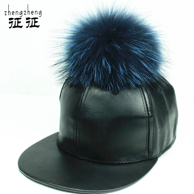 leather baseball cap with fur ball on top