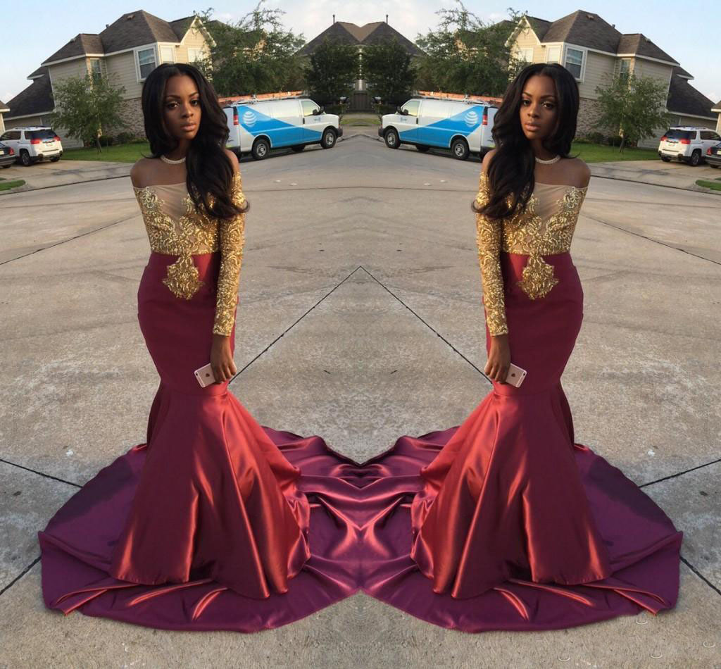 Charming African Style Off Shoulder Prom Dresses Gold And Burgundy Evening Gowns For Black Girls Long Sleeve Sweep Train Formal Dresses