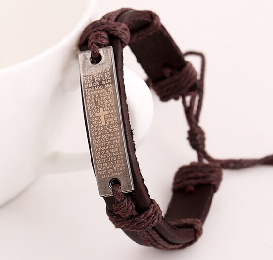 Handmade Leather Braid bracelets With Titanium Steel Bible Cross Wristband Hemp Men's Bracelets women Stylish New Arrival brown black 24pcs
