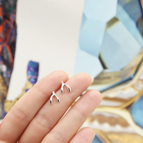 10Pair- S009 Gold Silver Cute Wishbone Stud Earring Lucky bone Stud Earring Tiny Wish Bone Stud Earrings for Women Girls Jewelry