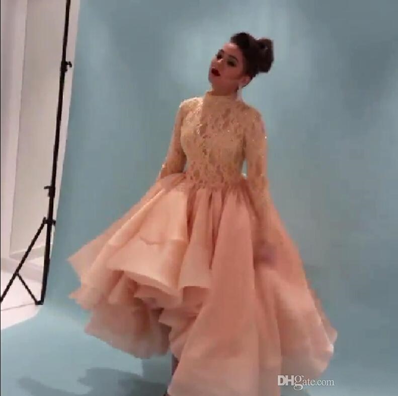 2022 Myriam Fares Celebrity Dresses With Long Sleeves Prom Dress Beaded Lace Party Dresses High Neck High Low Arabia Cocktail Evening Gown