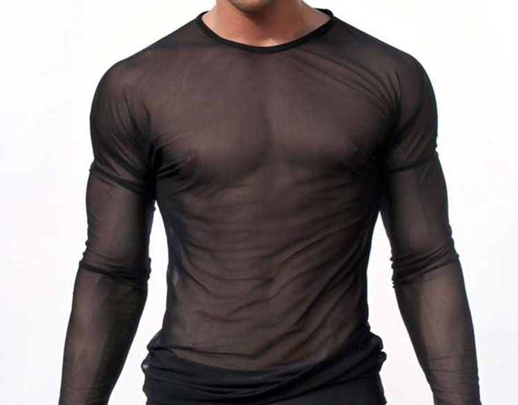 

Wholesale-clubwear long sleeve mesh Men T-shirt stretchy sheer Man see through tops, Black