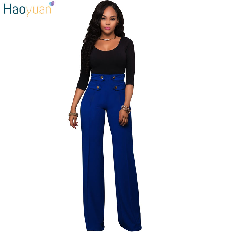 HAOYUAN Casual Loose Palazzo Pants 2017 Women Clothes High Waist Trousers Long Culottes Blue Black White Stretch Wide Leg Pants q1110