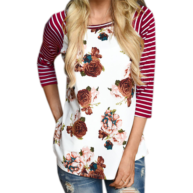 Female Autumn Striped Floral Printed T Shirts 2017 Women Casual Slim Fit T Shirt Femme Plus Size Tops T Shirt Flower Tee GV848 q171122