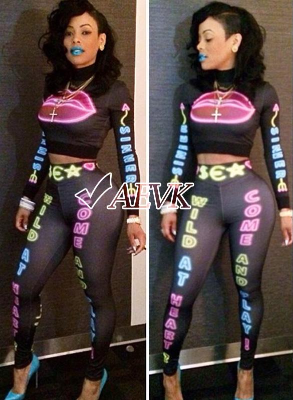 Autumn Women Sexy Jumpsuit Lip Rompers Printing Bodycon Playsuit Bodysuit 2 Piece Club Bandage Jumpsuits S M L #6 SV004560
