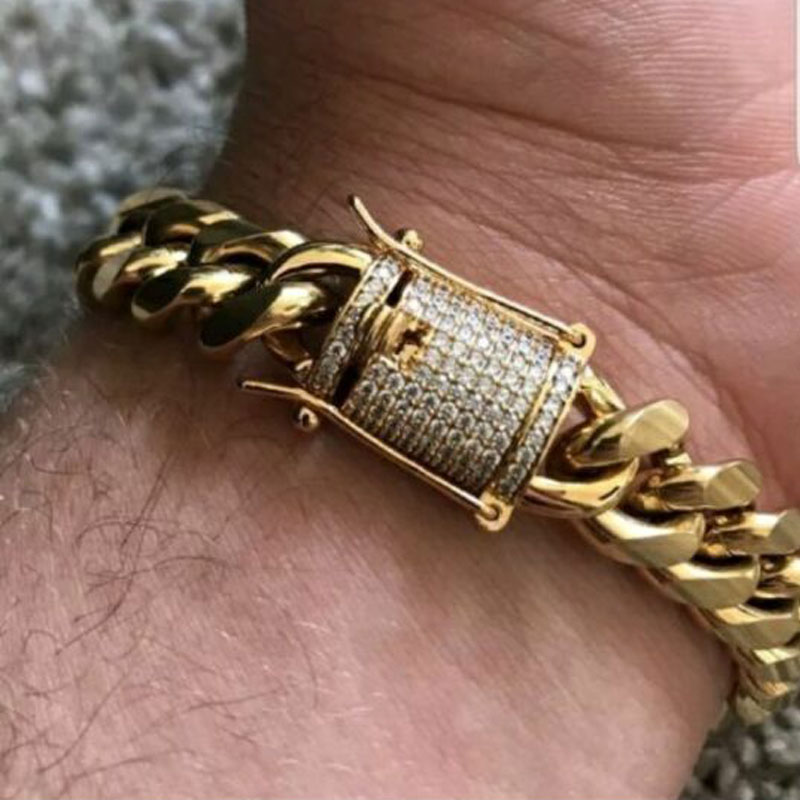14mm Cool Mens Chain Gold Tone 316L Stainless Steel Necklace Curb Cuban Link Chain and Bracelets Set with Diamond Clasp Lock 2PCS