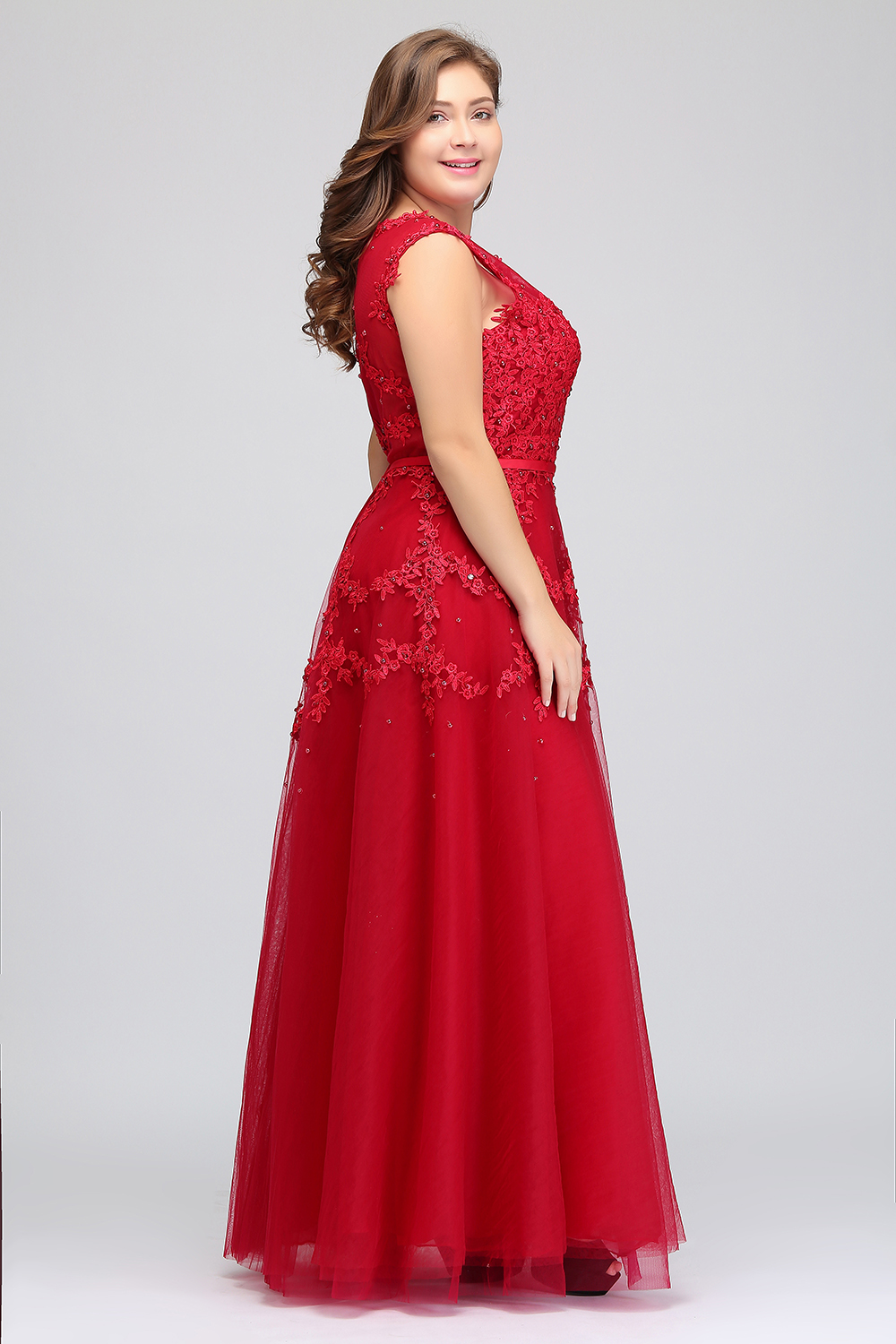 Real Image Plus Size Red Lace Long Evening Dresses Tulle Lace Beaded Floor Length Formal Bridesmaid Dresses CPS299