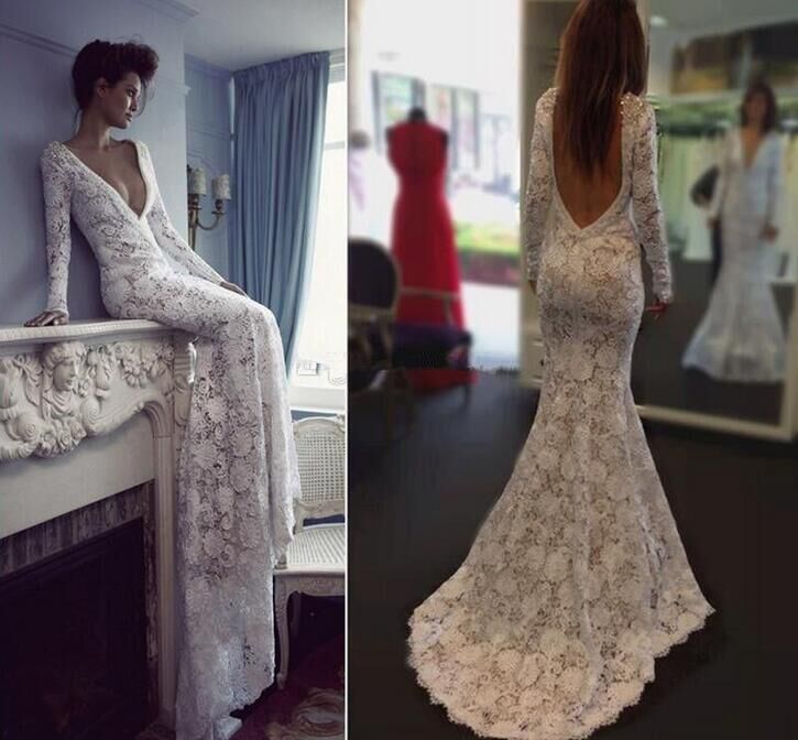 Vintage Lace Mermaid Wedding Long Sleeves Sexy Backless Garden Chapel Train Illusion Dresses Cheap Simple Bridal Gowns Bateau 0510