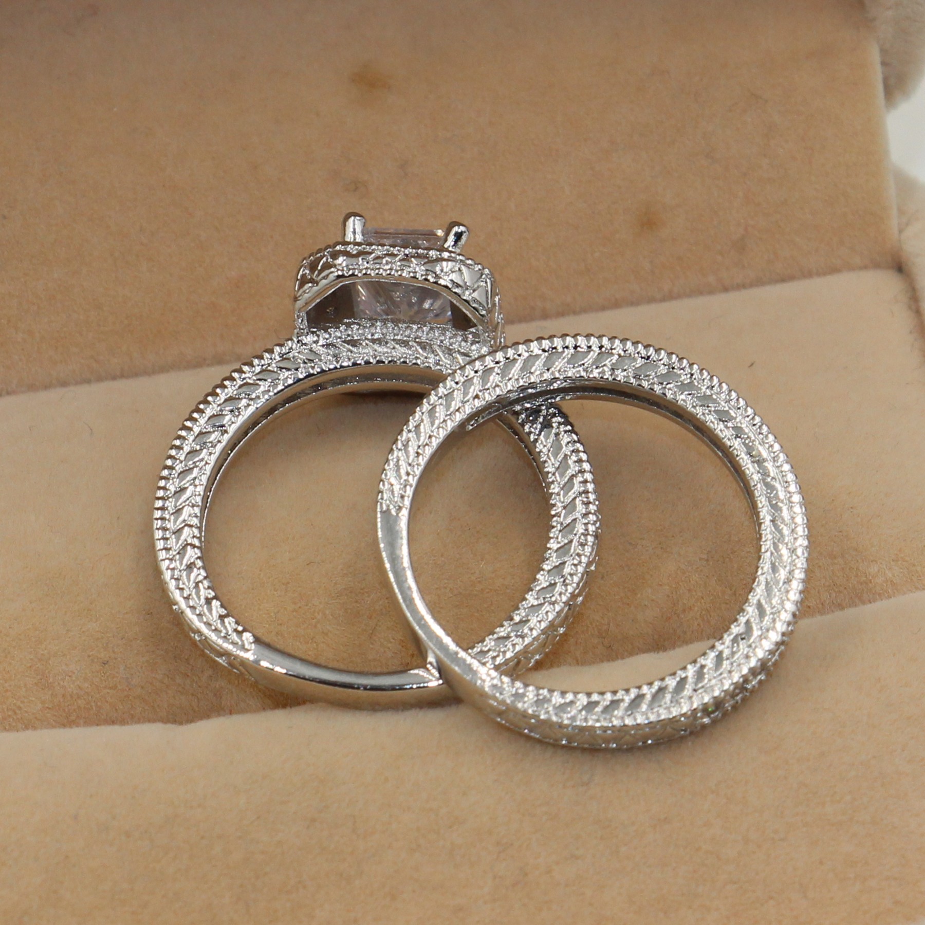 Vintage Jewelry Lovers 3ct white Topaz 10KT White Gold Filled Simulated Diamond women Wedding Band Ring Set Size 5-10