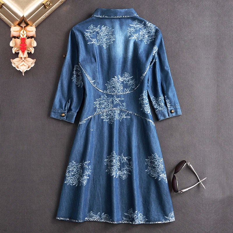 2015 Women Autumn Half Sleeve Fashion Floral Embroidery Demin Dress Knee Length Turn-down Collar Female Jeans Dresses Vestidos FG1511