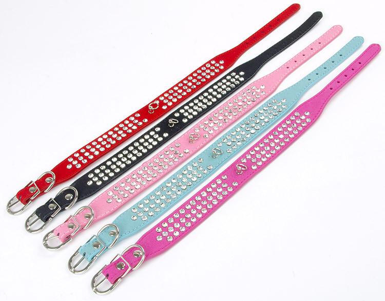 Suede Leather Rhie Dog Collar Crystal Diamante 3 Rows pet collarXS,S,M,L