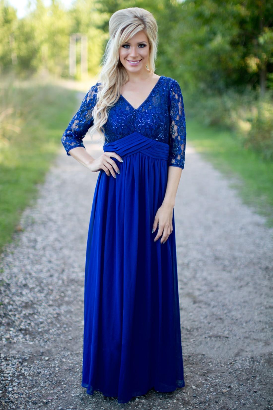 Latest 2018 Royal Blue Sequin Lace Country Bridesmaid Dresses Long Lace 3/4 Long Sleeve Chiffon Floor Length Maid Of Honor Dress EN12059
