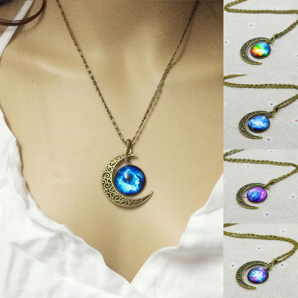 Moon Pendant Necklace Brand Fashion Jewelry Galaxy Glass cabochon vintage bronze Chain statement necklace women accessories