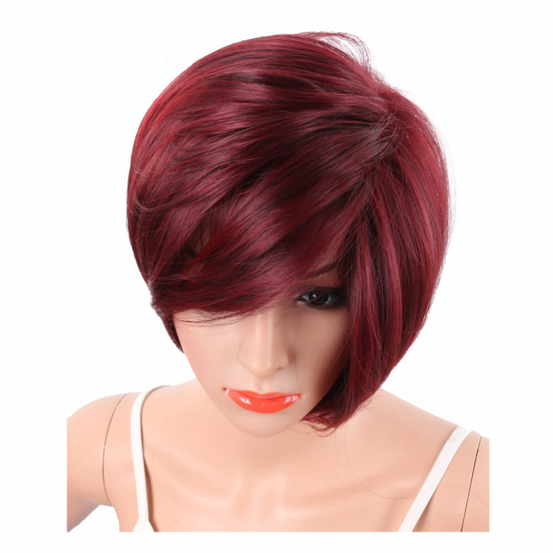 Wine Red Short Pixie Cut Synthetic Wigs For Black Women With Side Bangs Natural Straight Heat Resistant Party Full Wig