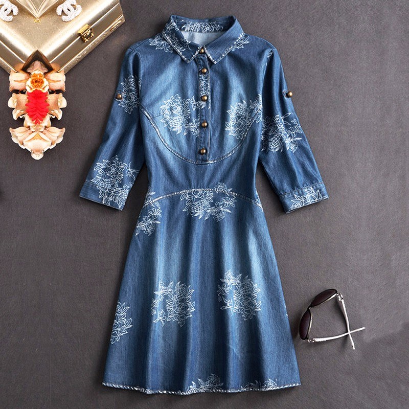 2015 Women Autumn Half Sleeve Fashion Floral Embroidery Demin Dress Knee Length Turn-down Collar Female Jeans Dresses Vestidos FG1511