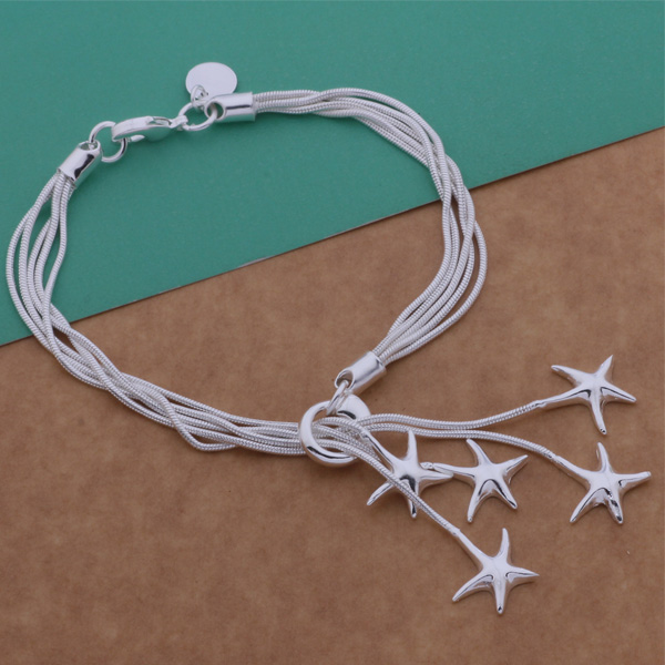 Free Shipping with tracking number Top Sale 925 Silver Bracelet Hang five starfish bracelet Silver Jewelry 10Pcs/lot 1539