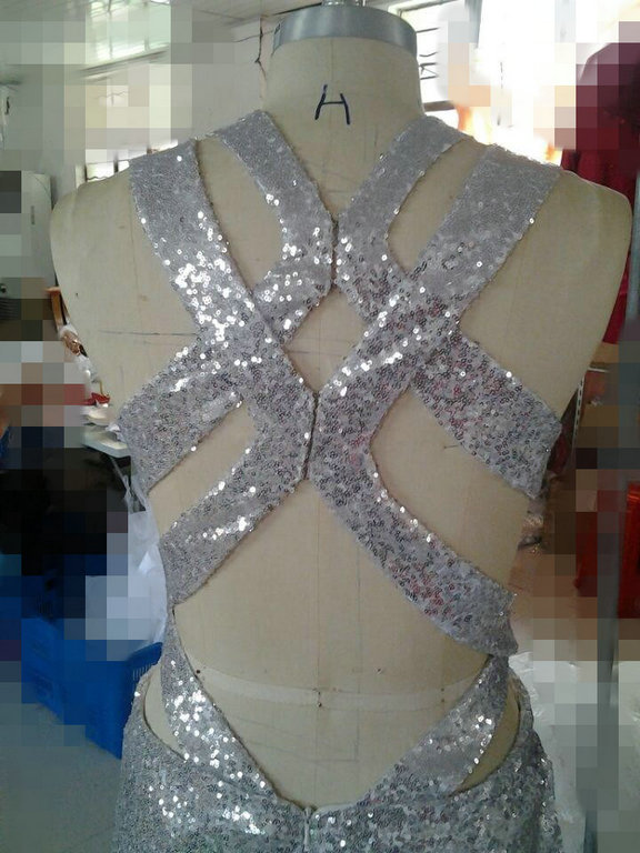 Jennifer Lopez Affordable luxurious Sexy Prom Dresses with Criss Cross Straps Split Sequin Backless silver Celebrity Red Carpet Gowns