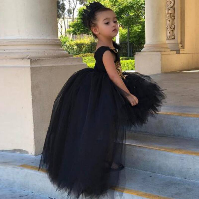 Cute Black High Low Little Girls Pageant Dresses Appliqued A e wer Girl Dress Tiered Tulle First Communion Gowns