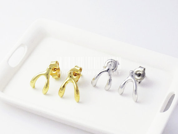 10Pair- S009 Gold Silver Cute Wishbone Stud Earring Lucky bone Stud Earring Tiny Wish Bone Stud Earrings for Women Girls Jewelry